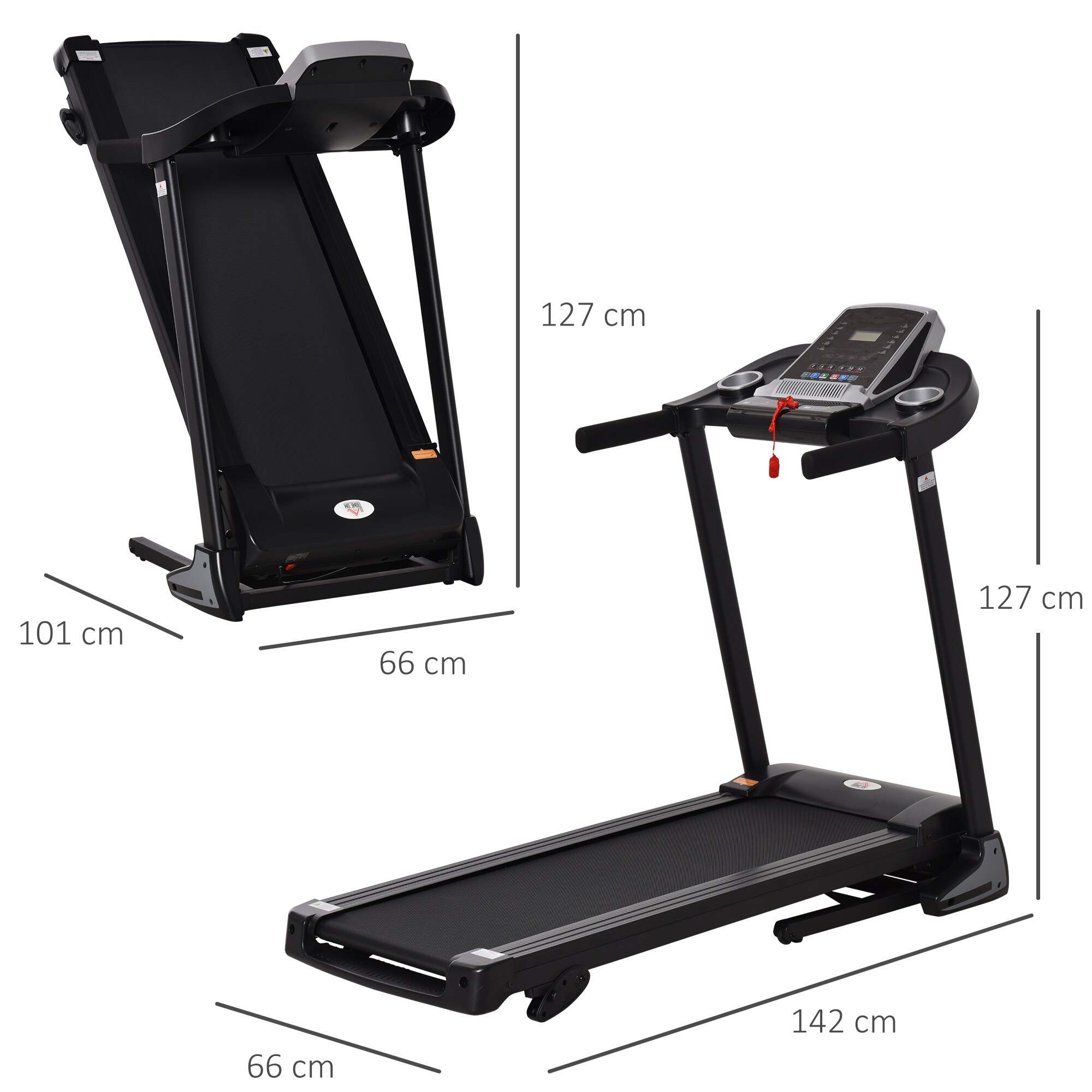 HOMCOM Laufband Ideales Training, Getränkehalter, Handyhalter Schwarz, Grau 142 x 66 x 127 cm (LxHxB)