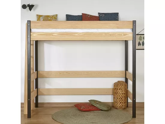Pack lit mezzanine avec matelas 90x190 cm bois massif blanc et bois TINO