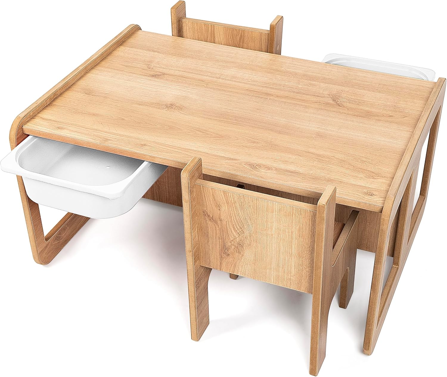 Kindertisch mit 2 weißen Schubladen - Kinderschreibtisch mit 2 Stühlen - Spieltisch - Aktivitätstisch - Zeichentisch - Holz - Walnuss