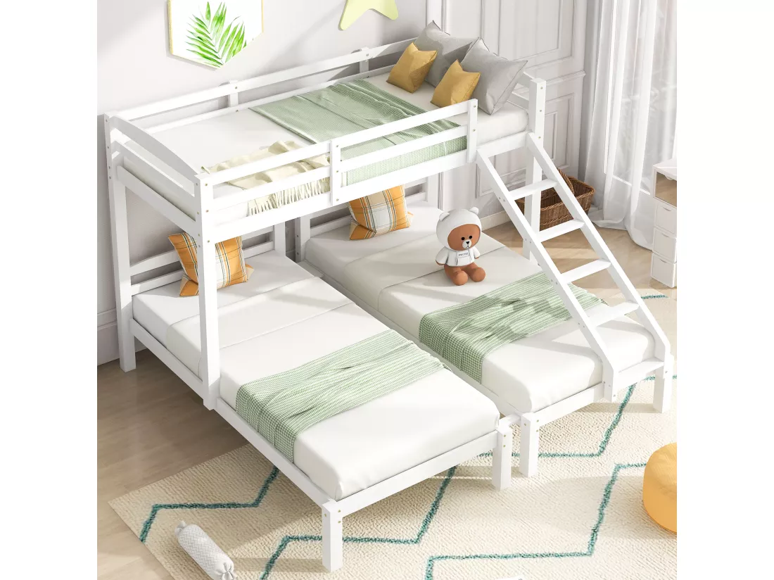 Lit superposé triple avec sommier à lattes - 90x200cm - en bois massif - Blanc