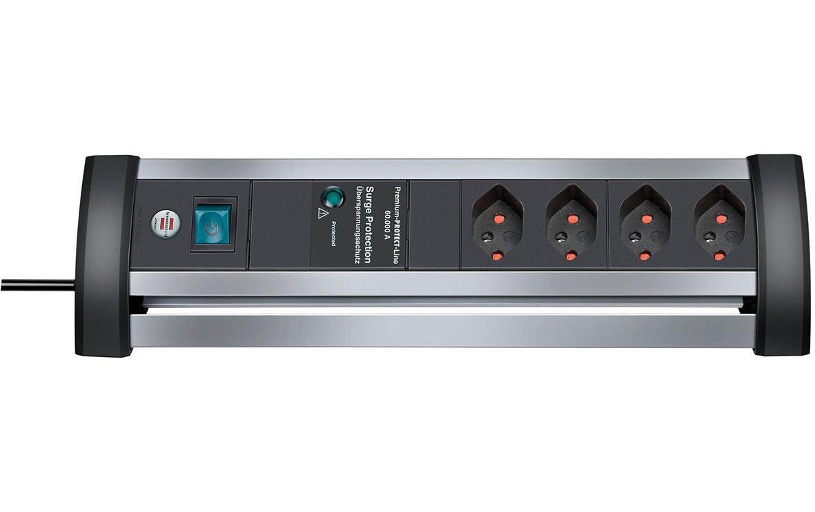 Tischsteckdosenleiste Alu-Office-Line 4x T13Mit Schalter, schwarz/silber