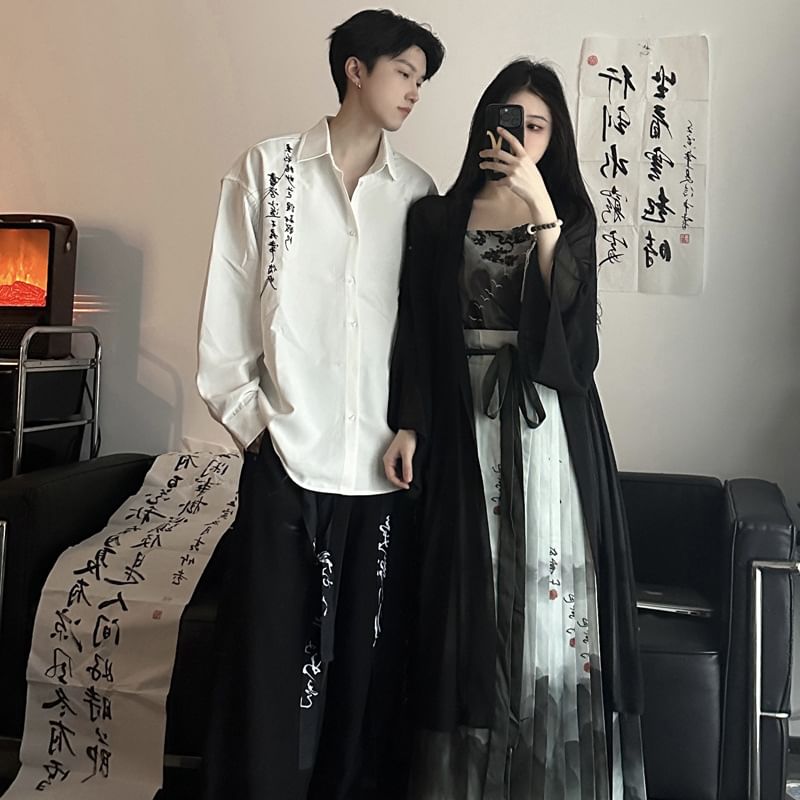 Azure - Koppel bijpassende lange mouwen shirt met Chinese karakters / wijde broek / cami top / maxi geplooide rok / lange cardigan