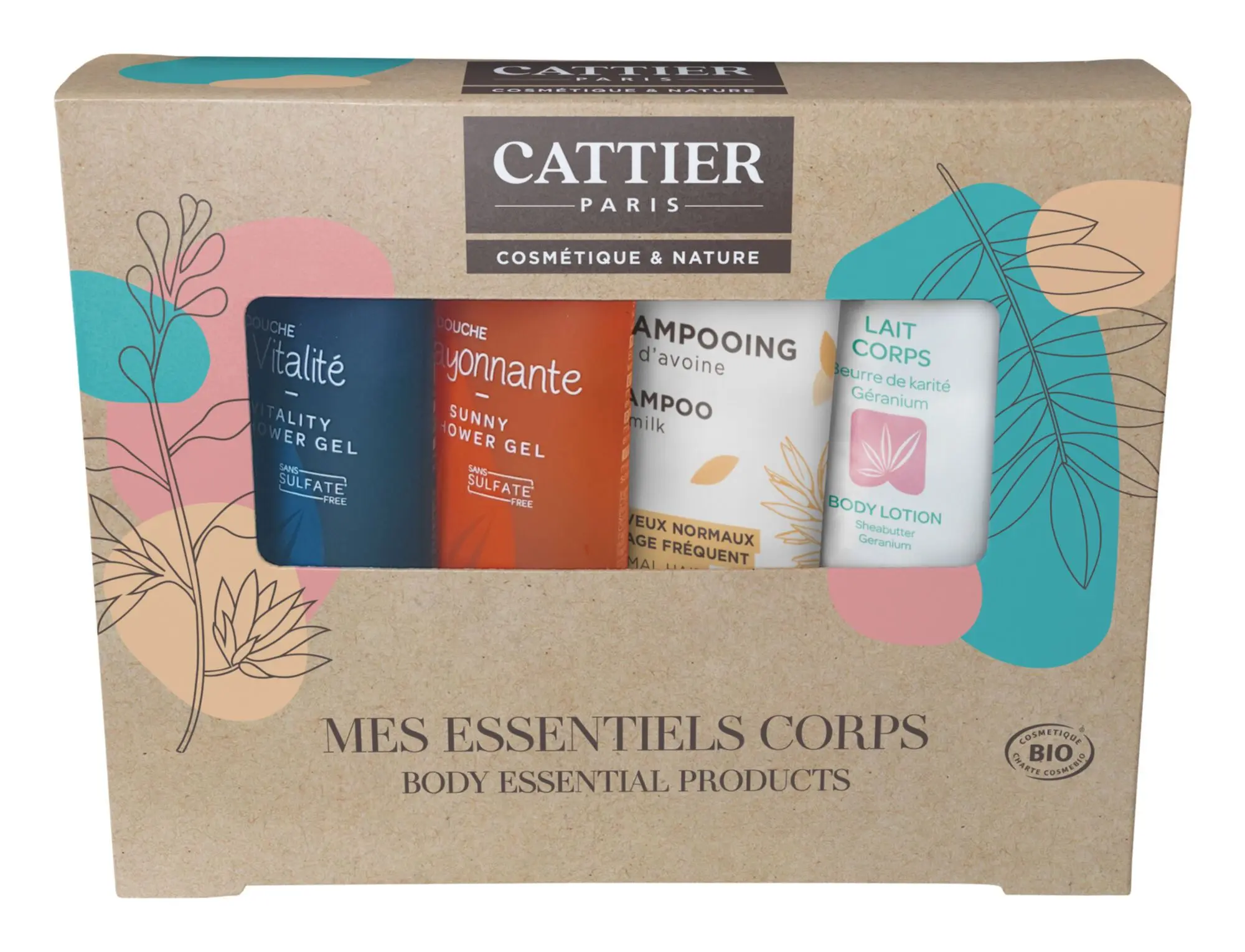 Cattier - Coffret Mes Essentiels Corps 2 Gels Douche, 1 Shampoing & 1 Lait Corps 4x40ml - Coffret soin