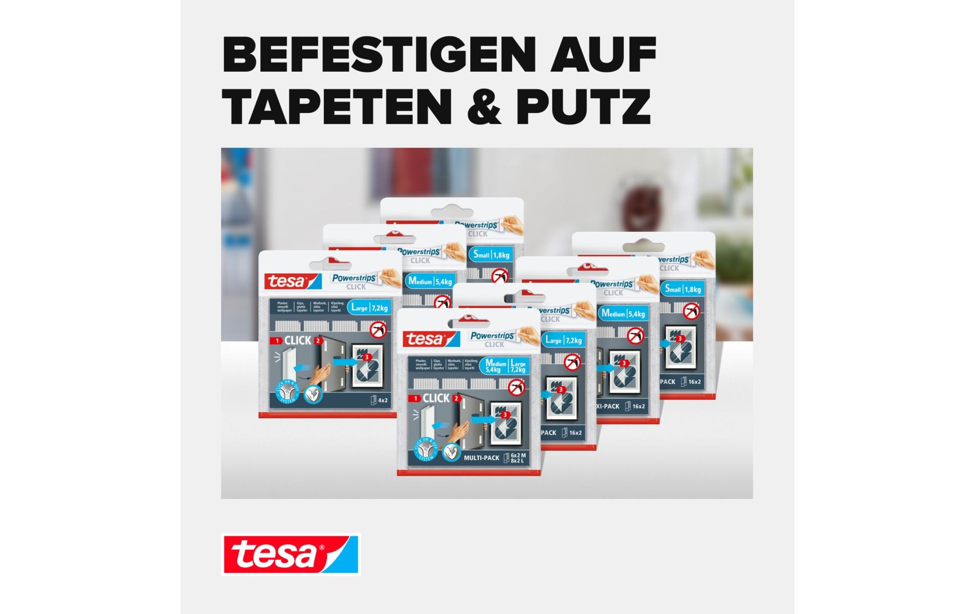 Montagestreifen Powerstrips CLICK Medium 16 Paar, 5.4 kgKlett-Klebepads zum An- und Abklicken von Bilderrahmen und Wanddekorationen ohne Bohren