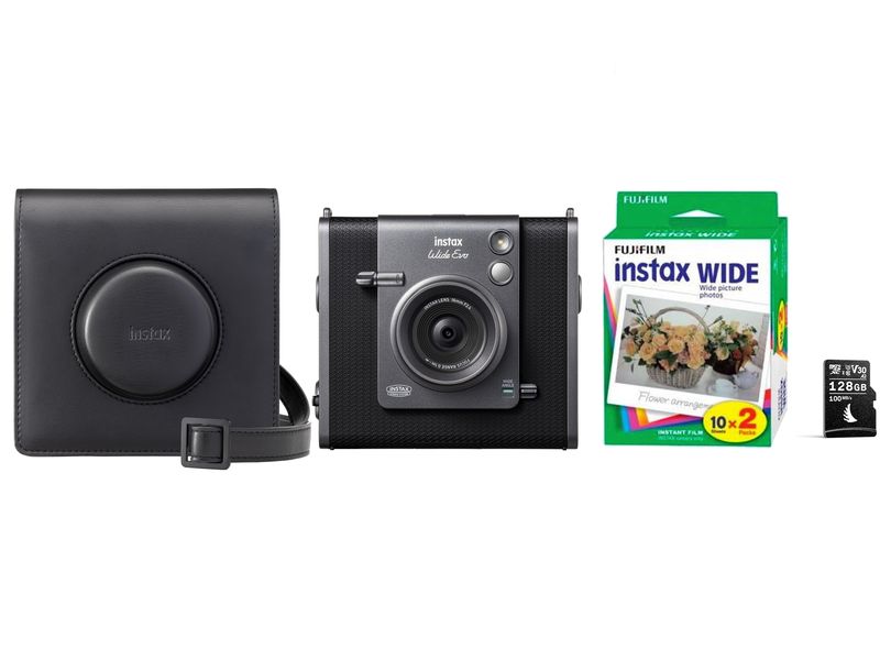 Fujifilm Fotokamera Instax Wide Evo Mega Bundle Schwarz Vielseitige Sofortbildkamera mit Tasche, Speicherkarte und Film