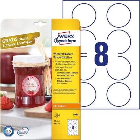 Avery Zweckform 5081 Wiederablösbare, runde Etiketten,A4 Ø 65 mm, 10 Bogen/80 Etiketten, weiß