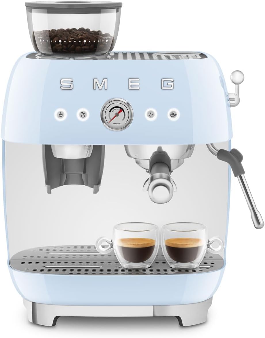 Smeg, Machine à Café Expresso Manuelle EGF03CREU, avec Broyeur à Grain Intégré, Thermoblock, 4 Niveaux de Température, Buse Vapeur et Manomètre, Réservoir 1 L, Dimensions Compactes, 1350W, Crème