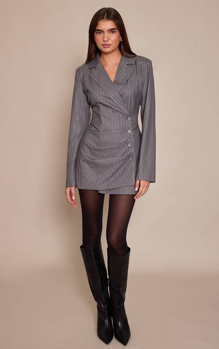 Gris Robe Blazer À Rayures Fines Avec Détail Plissé