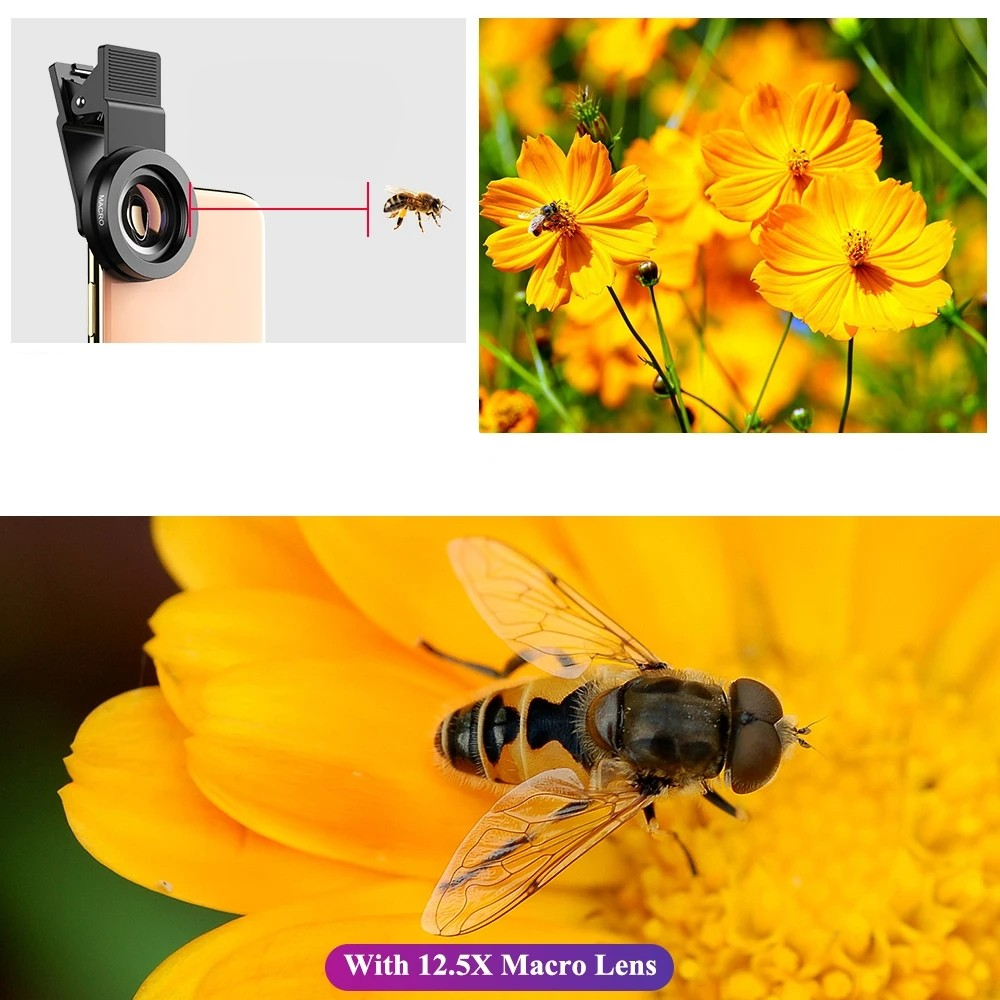 2in1 Kamera Teleobjektiv mit Clip (140° Weitwinkel / 12.5x Makro)   Aufbewahrungstasche - Schwarz