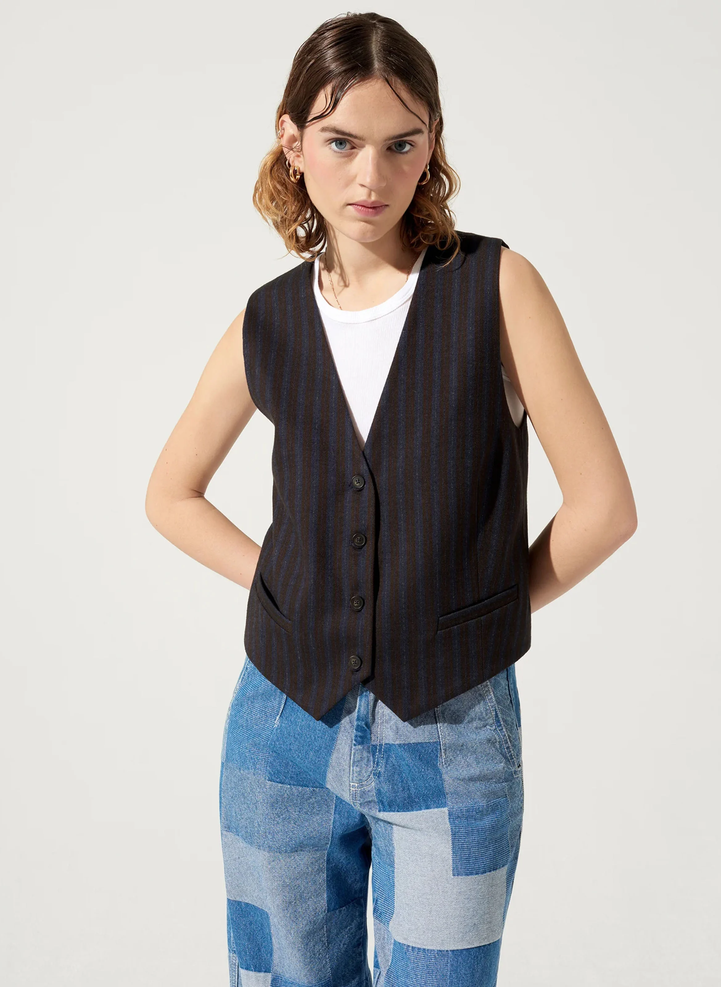KEJA - Gilet col V droit à rayures | Noir