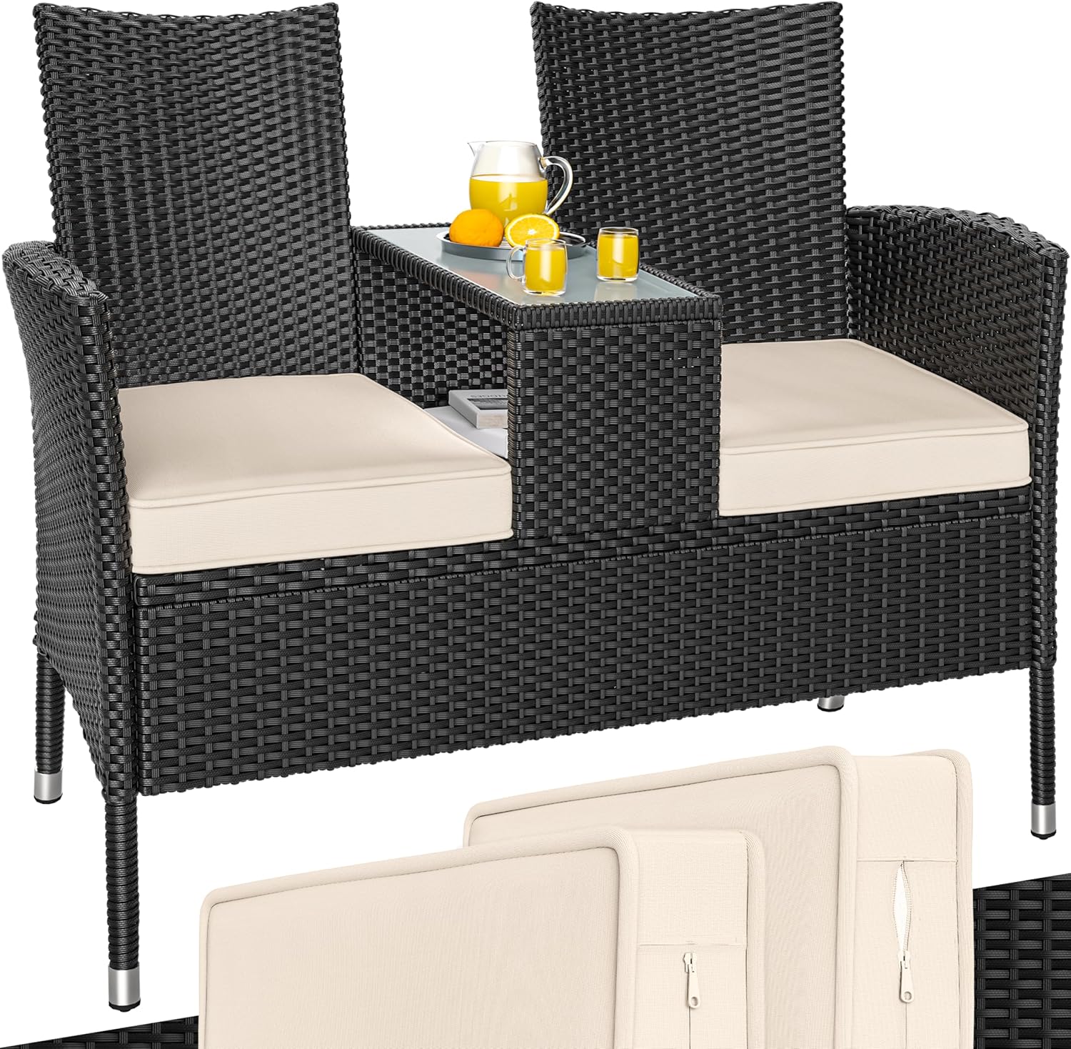 Casaria® Gartenbank Sitzbank inkl. Auflagen Wetterfest Polyrattan 320kg Belastbar Tisch Ablage UV-beständig Garten Balkon Bank 2-Sitzer 143x55cm Schwarz