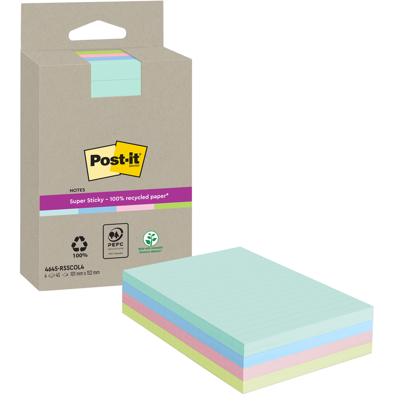 Post-it Haftnotizen Super Sticky Recycling, assortiert, 102 x 152 mm, 4 x 45 Blatt