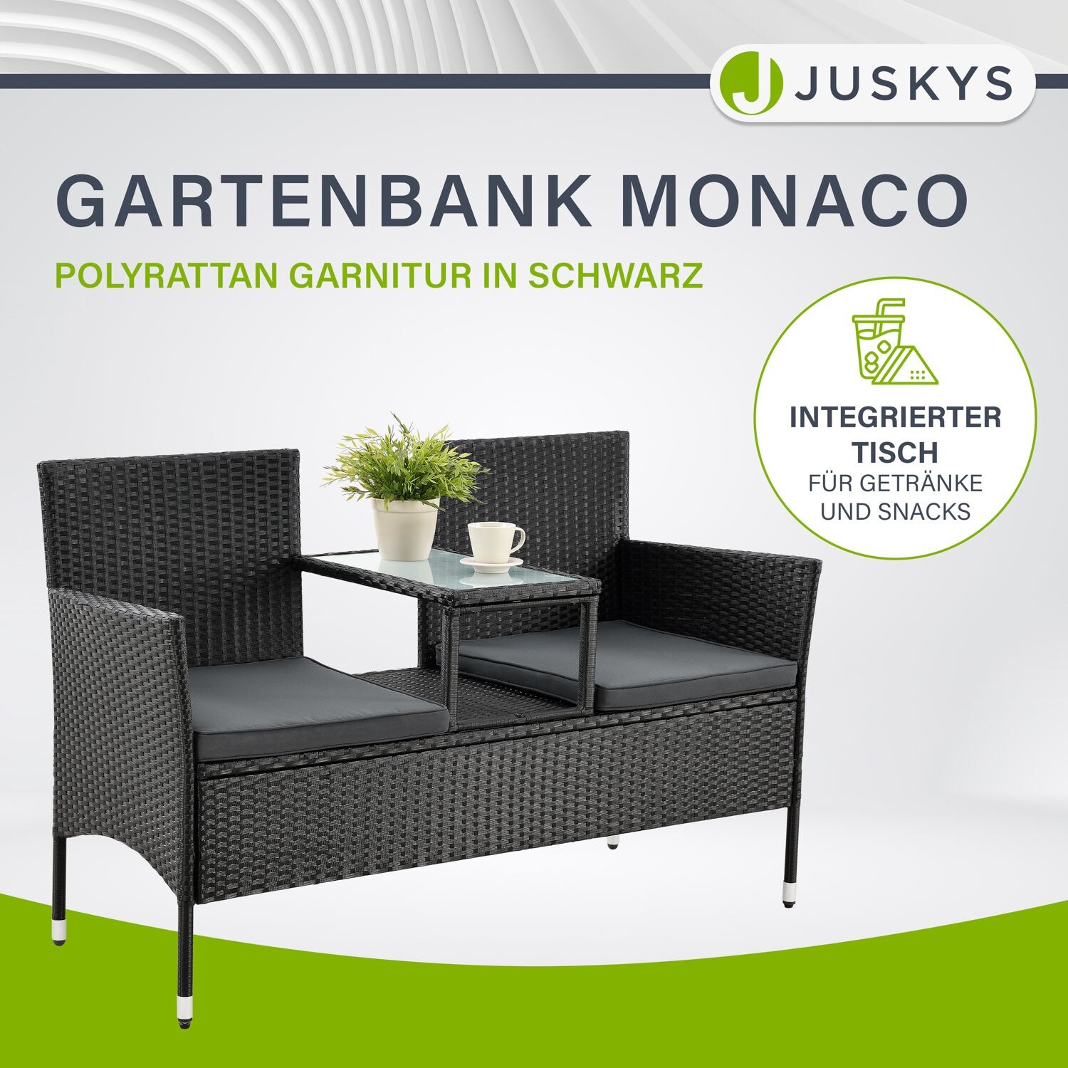 Juskys Polyrattan Gartenbank Monaco schwarz - 2-Sitzer Bank mit Tisch & Kissen - 133×63×84 cm