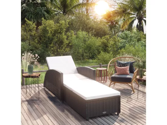 Chaise longue avec coussin blanc crème Résine tressée Noir