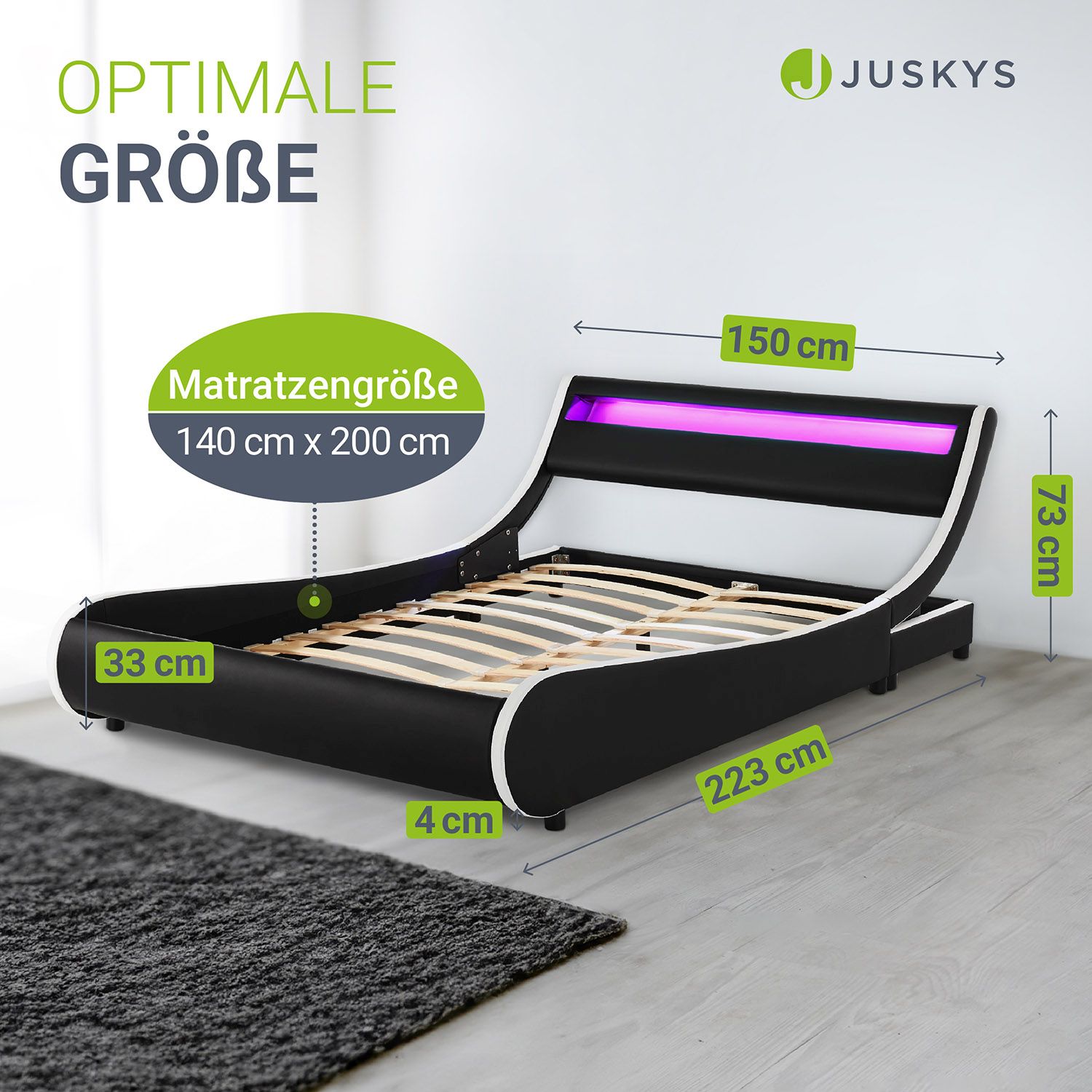 Juskys Polsterbett Bett Valencia 140 x 200 cm schwarz mit Kaltschaummatratze Einzelbett mit LED