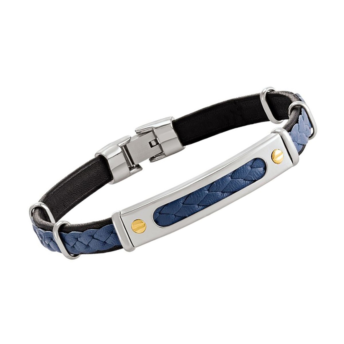 Bracelet homme Jourdan acier cuir bleu tressé vis orcollection Damian
