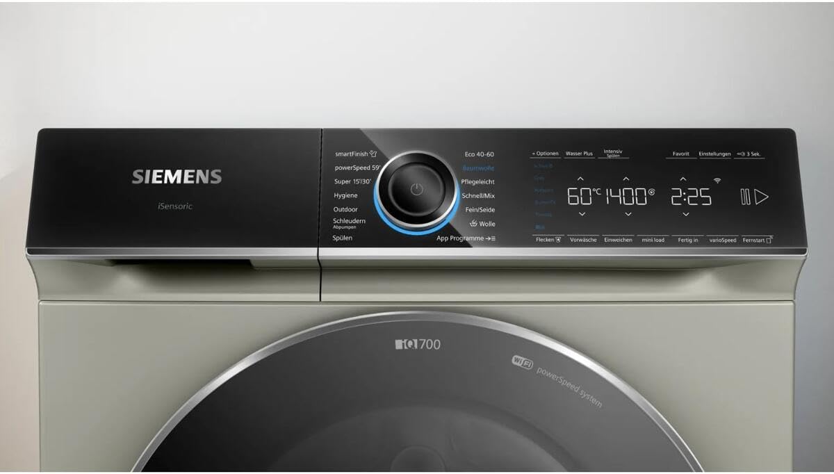 Siemens WG44B20X40 Waschmaschine iQ700, Frontlader mit 9kg Fassungsvermögen, 1400 UpM, speedPack XL, Home Connect, Anti Flecken System, LED-Display, Silber-inox, 60cm