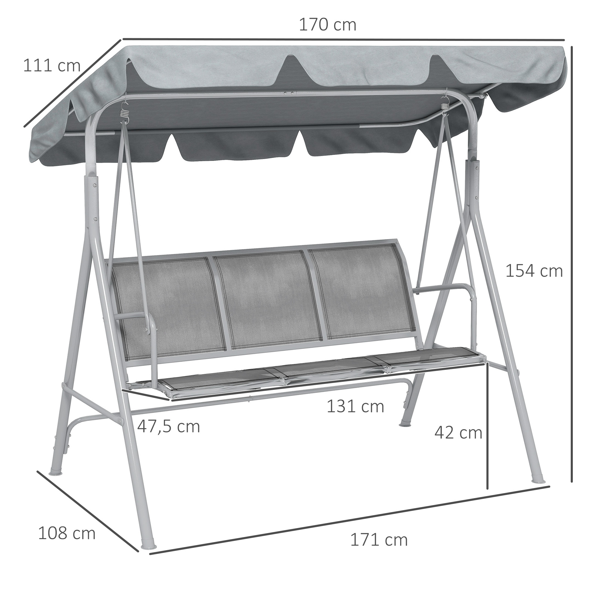 Balanço de jardim Outsunny para 3 pessoas com cobertura ajustável, encosto respirável e estrutura de metal para varanda ou pátio, capacidade de carga de 240 kg, 171 x 108 x 154 cm, cinza.