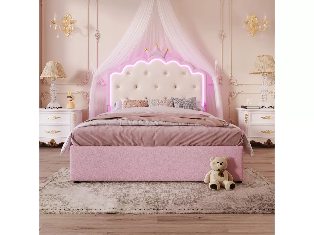 Lit gigogne 140 x 200 cm avec tête de lit en couronne - Cuir PU - LEDs - Sommier à lattes - Rose (Sans matelas)
