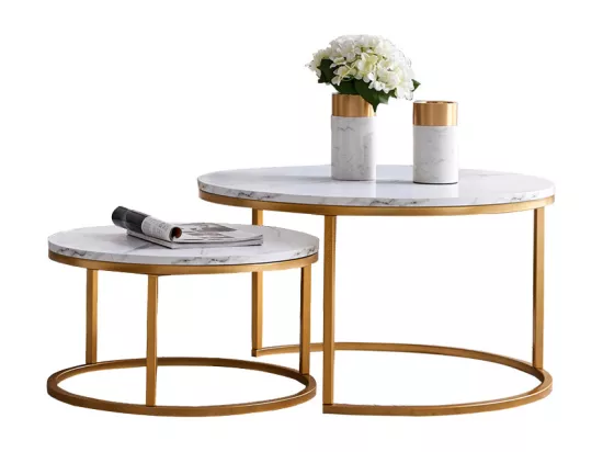 Lot de 2 Tables Basses gigognes - Marbre Blanc avec Structure en métal Dore - Table d'appoint Ronde - Table de salon Moderne, Tables de salon pour salon, Chambre à Coucher, Balcon