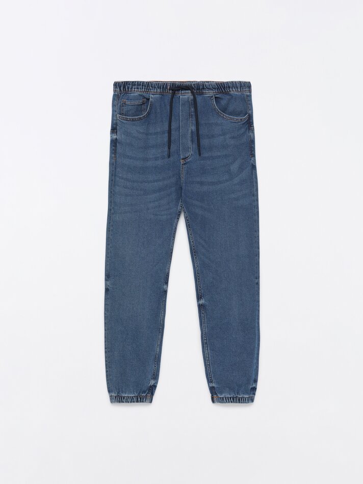 Calça jeans jogger elástica - Azul escuro