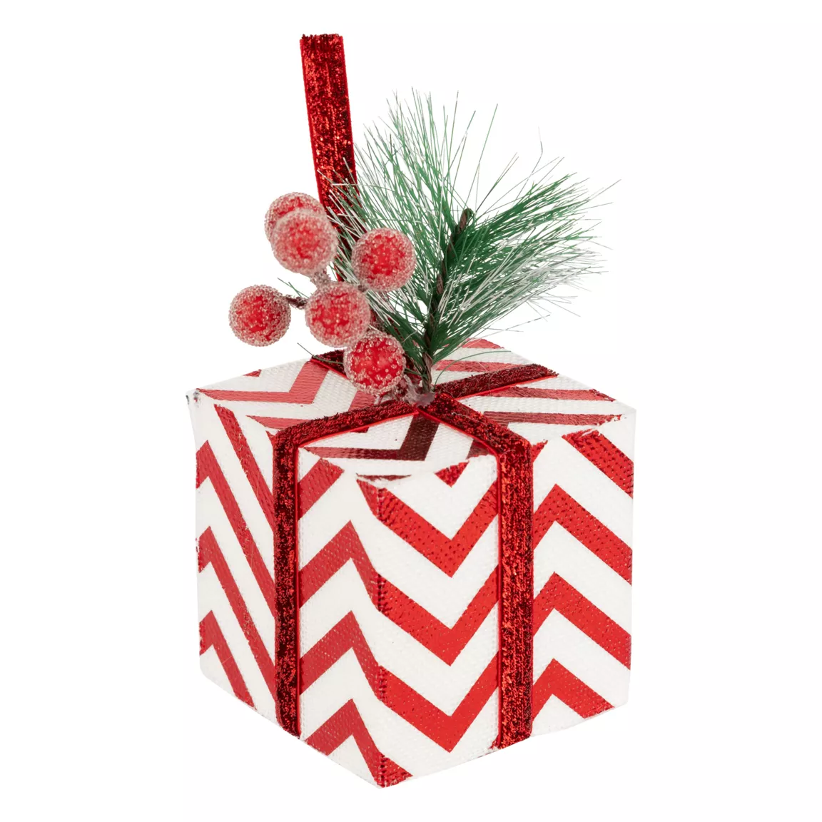 Suspension de Noël (H12 cm) Cadeau rayé et baies Rouge