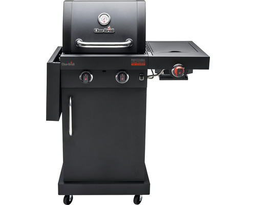Char-Broil Professional Power Edition gasbarbecue met 2 branders, matzwart, inclusief opbergplank, dekselthermometer, geëmailleerde gietijzeren planchaplaat, vetopvangbak, grillrooster, uitklapbare zijtafel, zijplank, warmhoudrek.