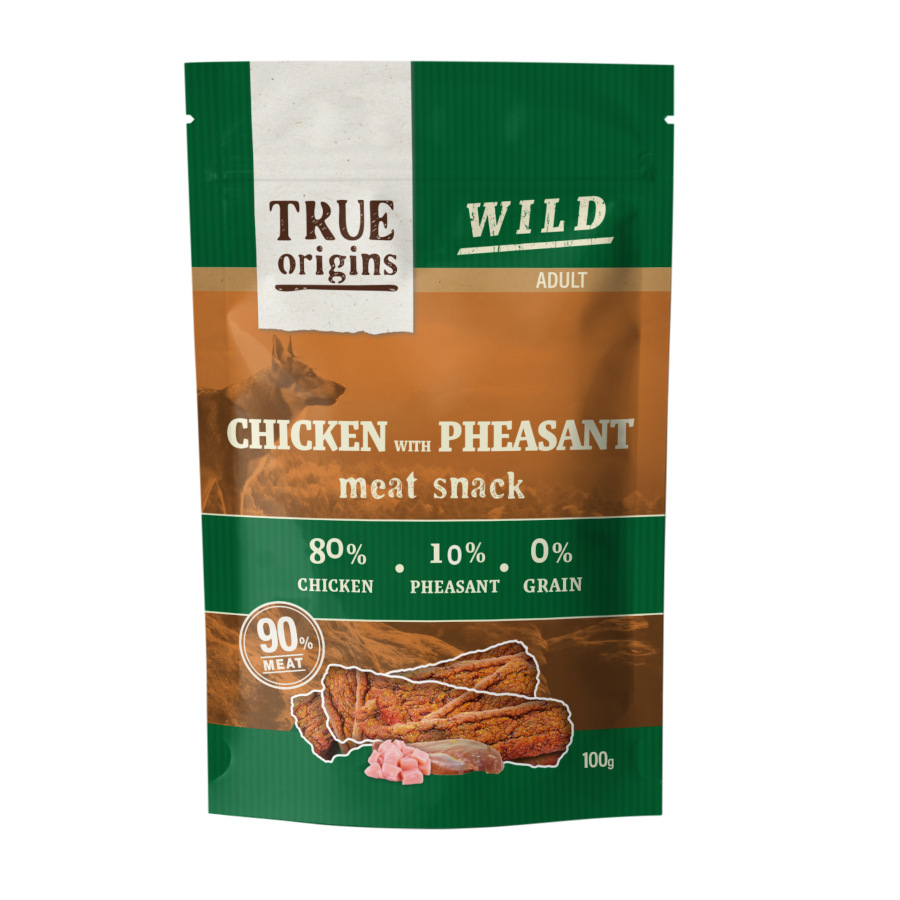 Tiras de frango selvagem adulto e faisão da True Origins para cães.