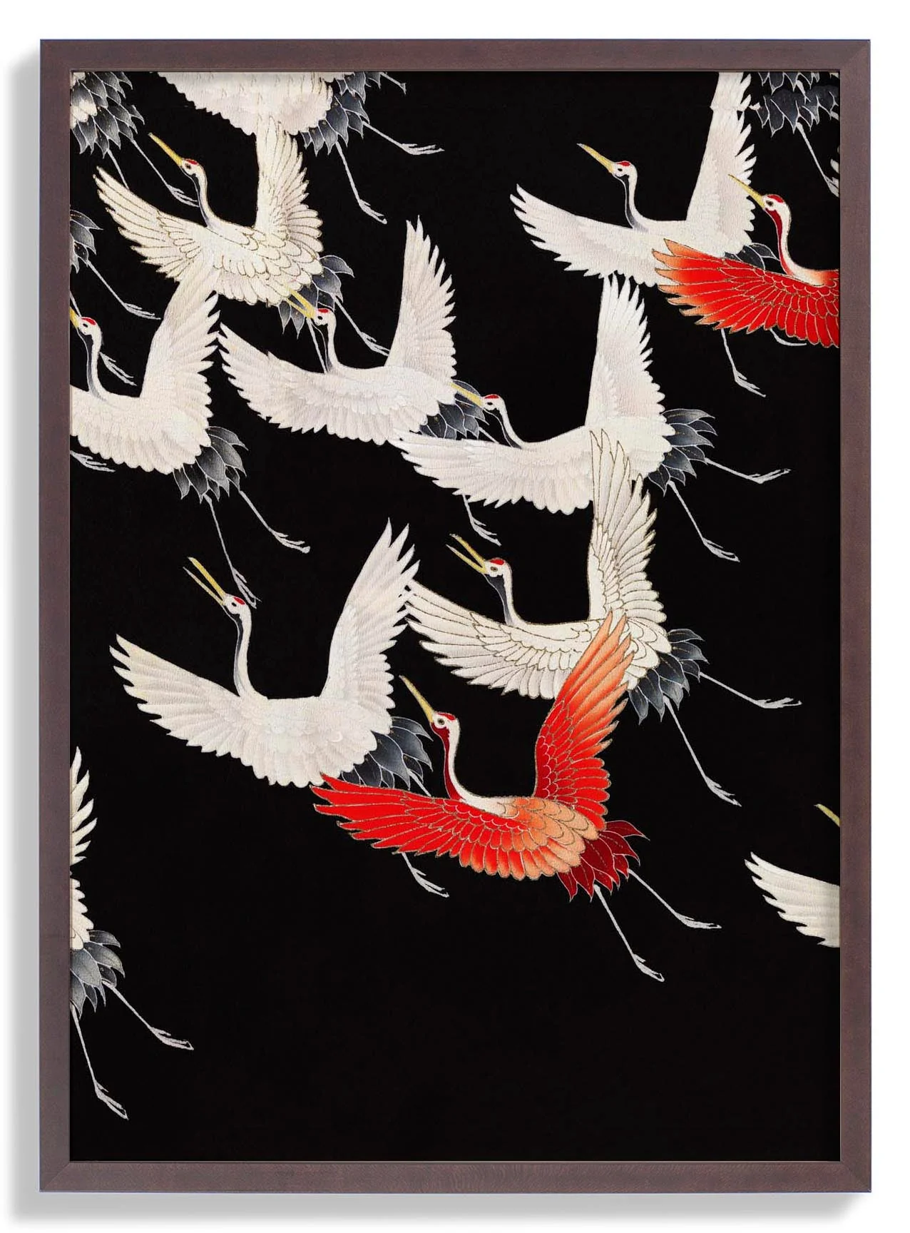 Weiße Kraniche und ein roter fliegender Kimono