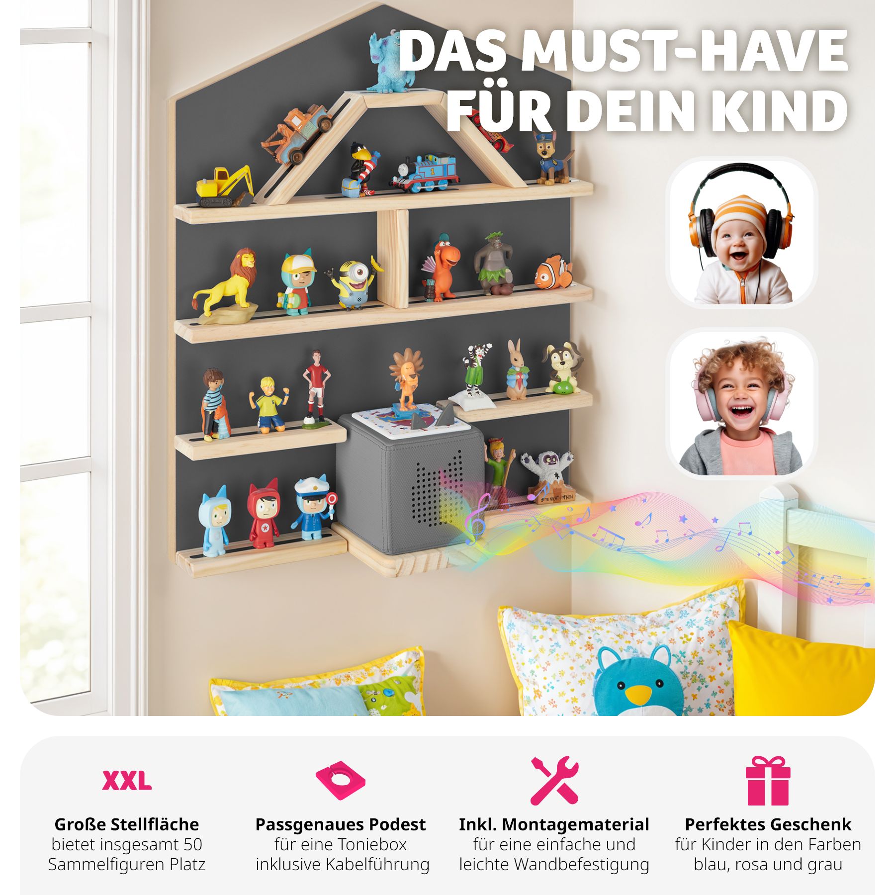 tectake® Wandregal, für bis zu 50 Tonies, abgerundete Ecken, 50 x 15,5 x 60 cm, unsichtbare Aufhängung