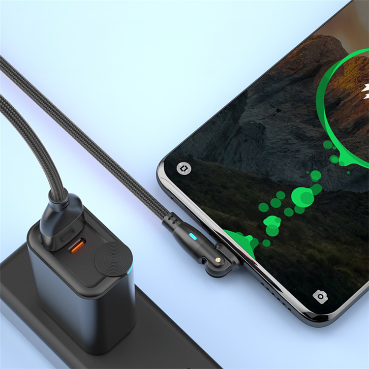 (2m) 3A USB A auf USB C Ladekabel 180° Nylon Datenkabel mit LED - Schwarz