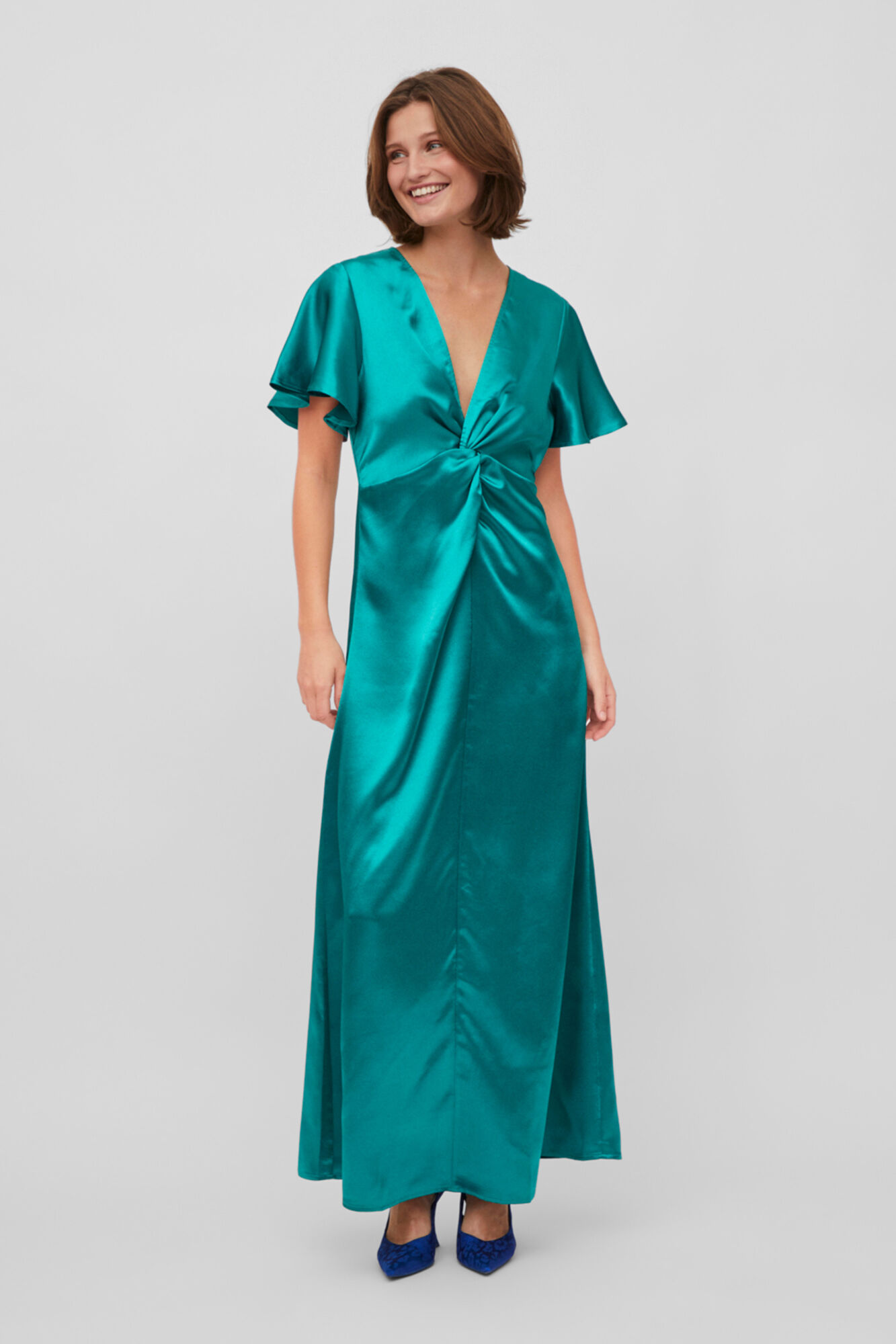 Vestido de cetim com mangas curtas - Verde