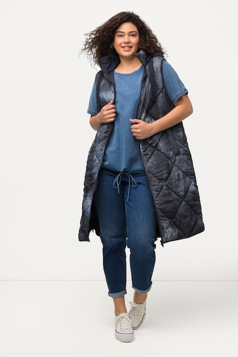 Long-Steppweste, seitliche Zipper, Stehkragen, ärmellos