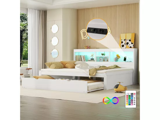 Lit gigogne 140x200 éclairage d'ambiance télécommandé compartiment de rangement côté lit prise+USB Blanc