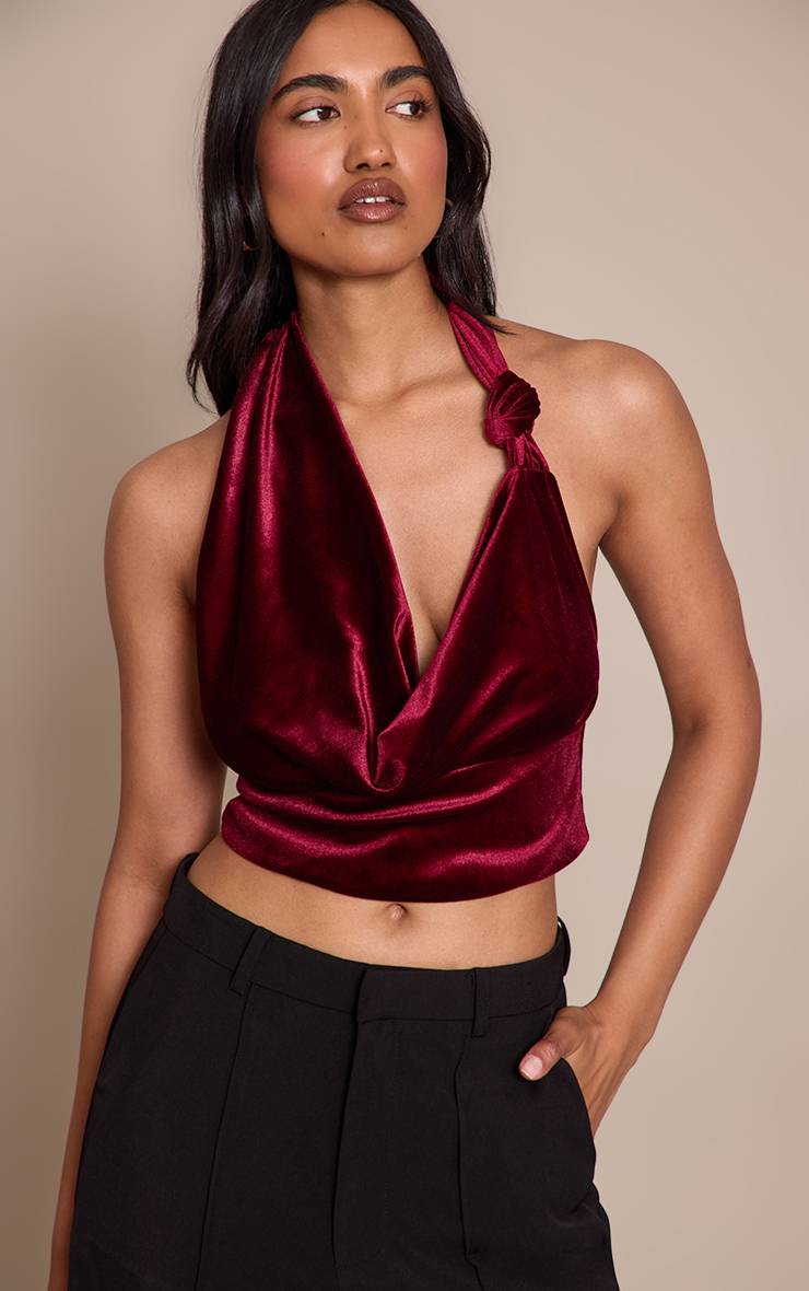 Rouge Bordeaux Haut Long En Velours À Col Bénitier