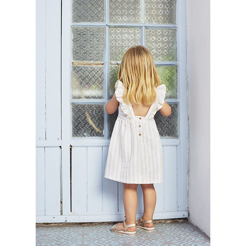 Robe manches courtes volantées à rayures pour bébé fille - Ecru