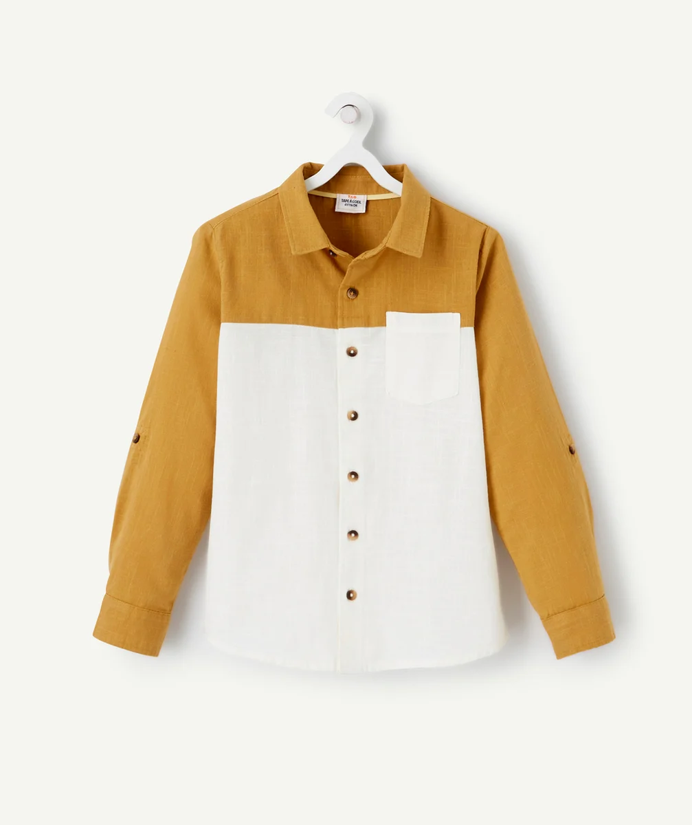 CHEMISE GARÇON EN COTON BLANC ET CAMEL