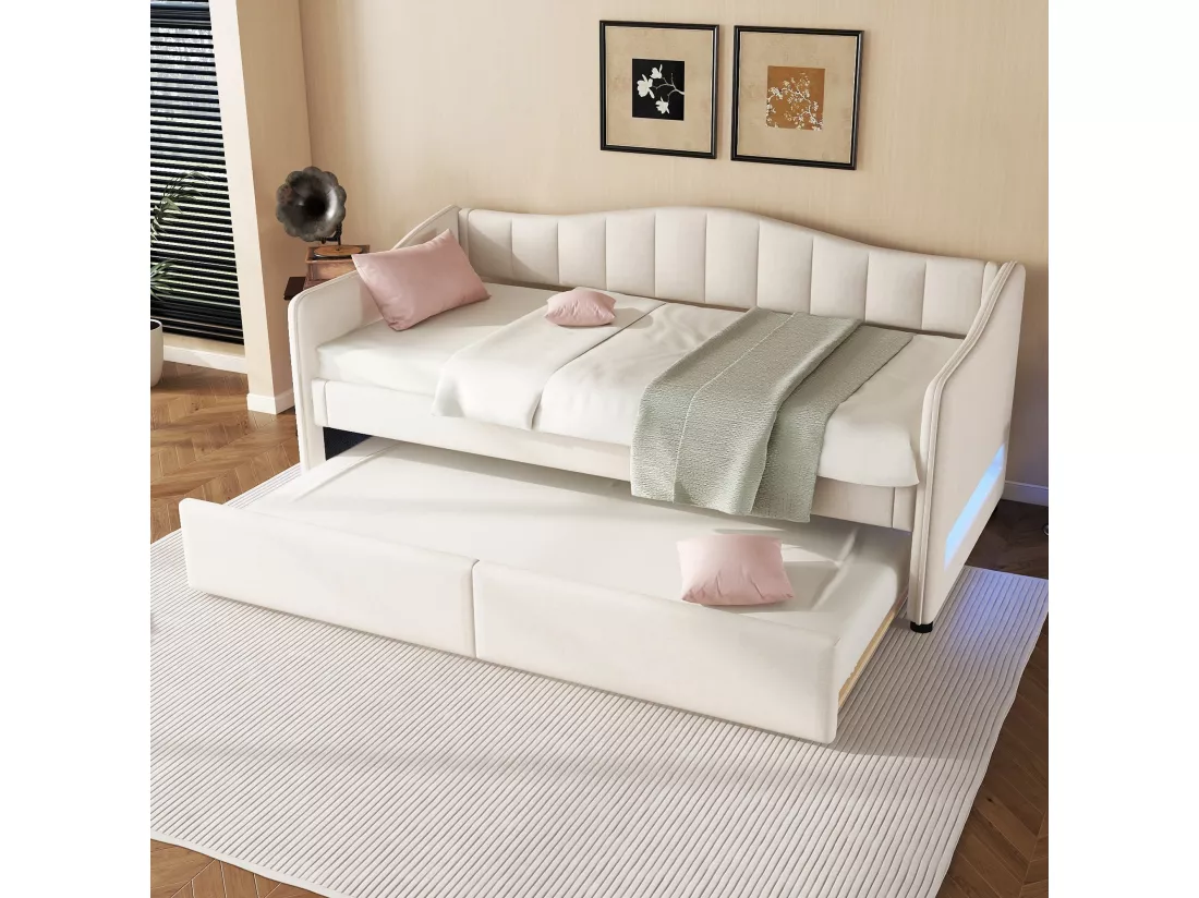 Lit gigogne 90/180 x 200 cm avec 2 tiroirs - tissu en lin - LEDs - beige (sans matelas)