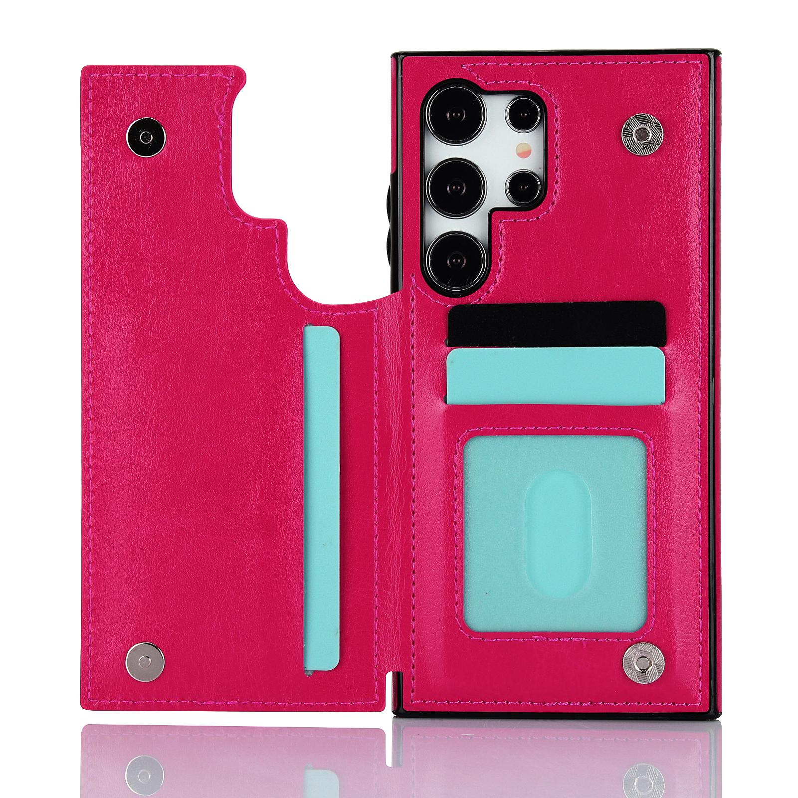 Samsung Galaxy S24 Ultra Hybrid Leder Hülle mit Kartenfach   Kickstand Aufsteller - Pink