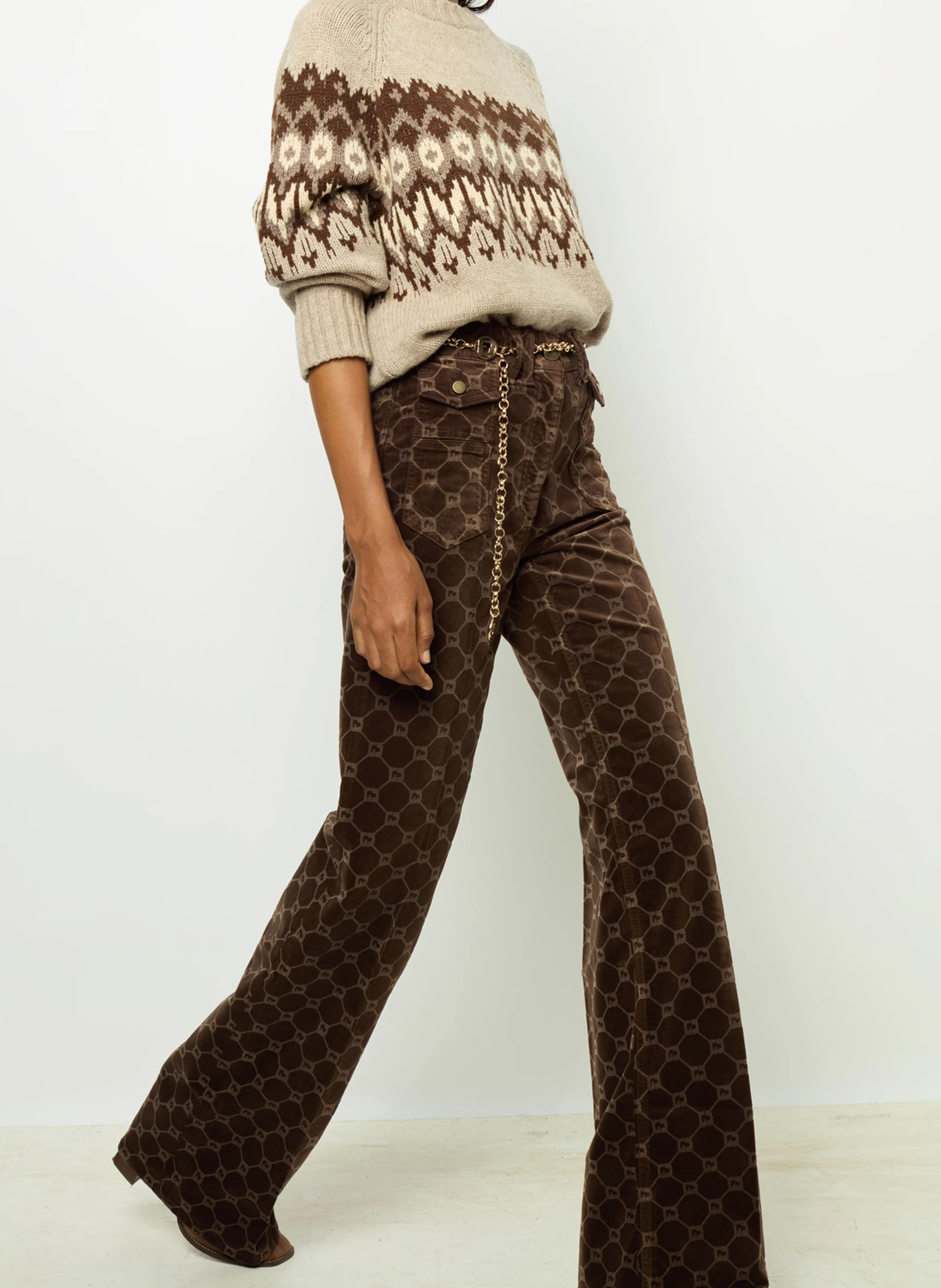 ANNA - Pantalon flare en coton mélangé | Marron