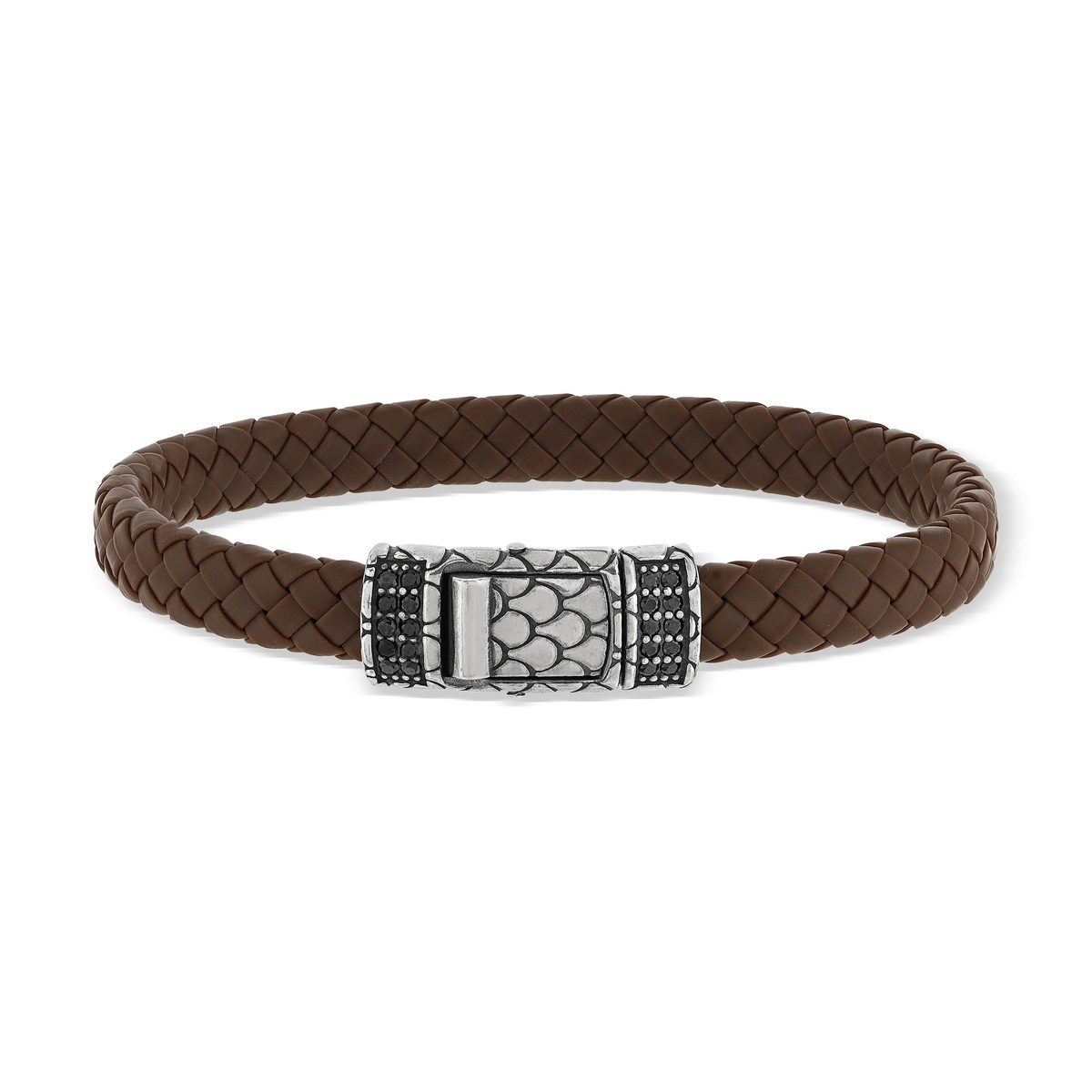 Bracelet cuir marron tressé spinelles noires 19cm