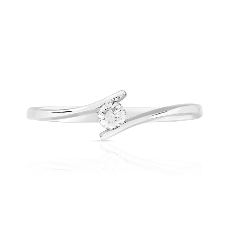Solitaire or 750 blanc monture décalée diamant 0,1 carat