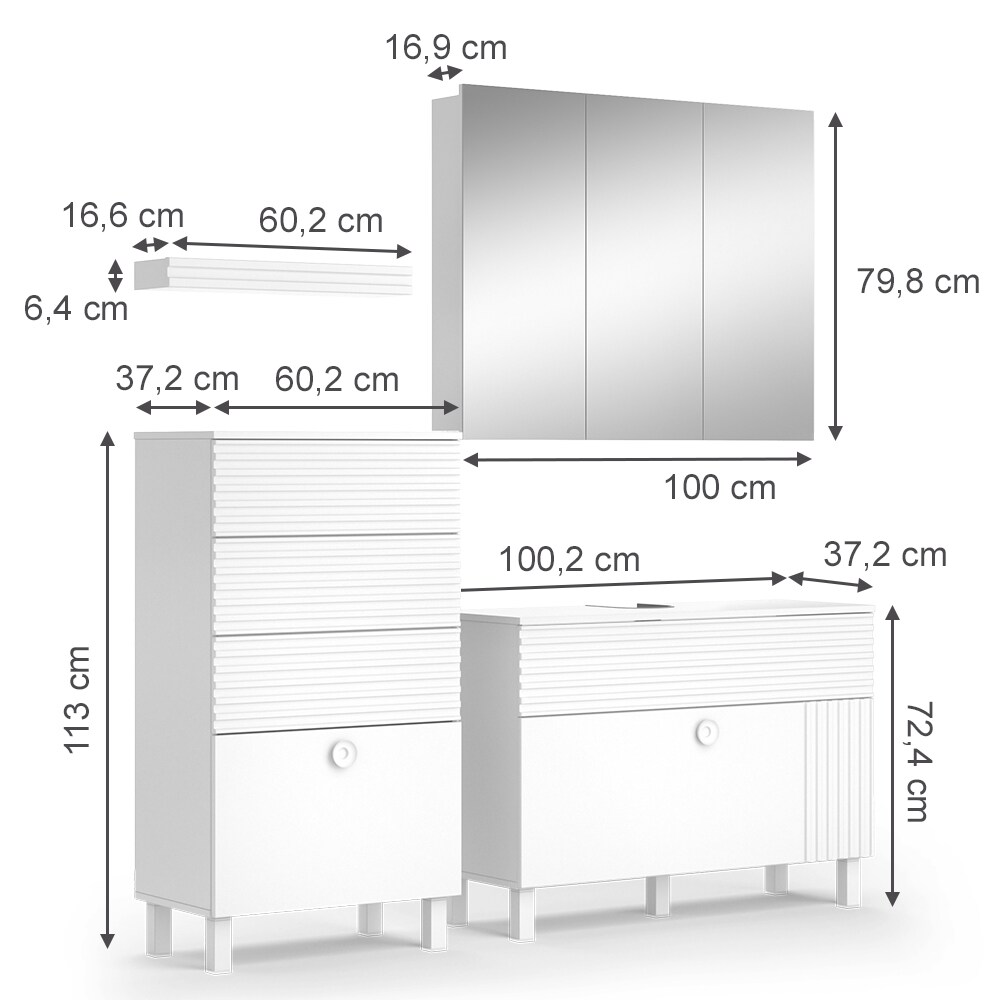 Vicco Badmöbel-Set Sola Weiß matt, moderne Serie, Badezimmer, dekorative Front Waschtischunterschrank Spiegelschrank Midischrank