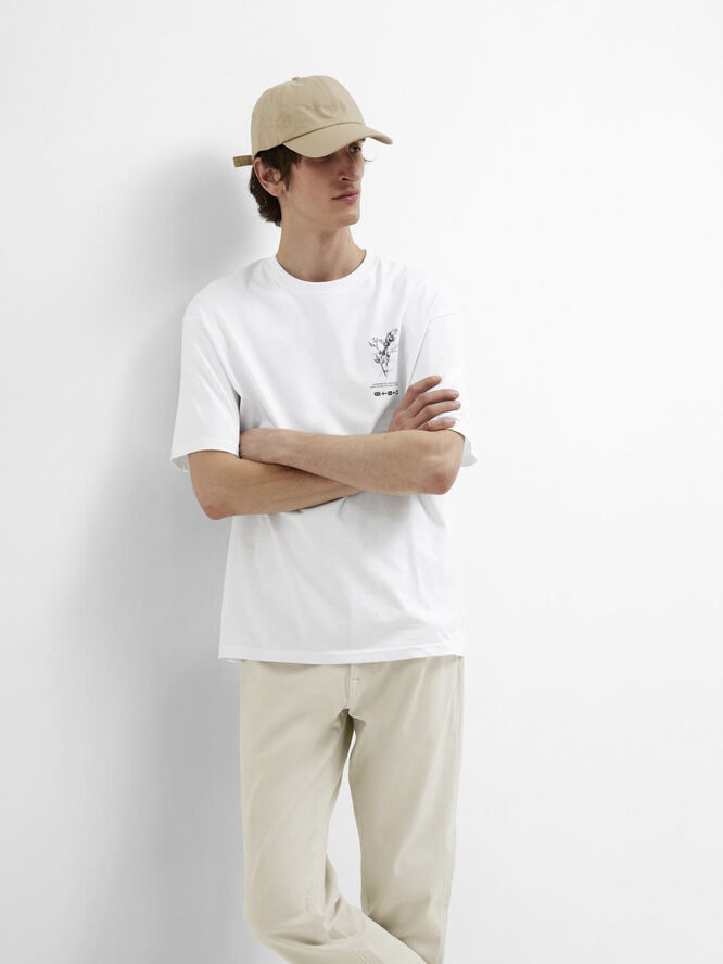 Selected Homme SLHLOOSEALP PRINT SS O-NECK TEE Hvid