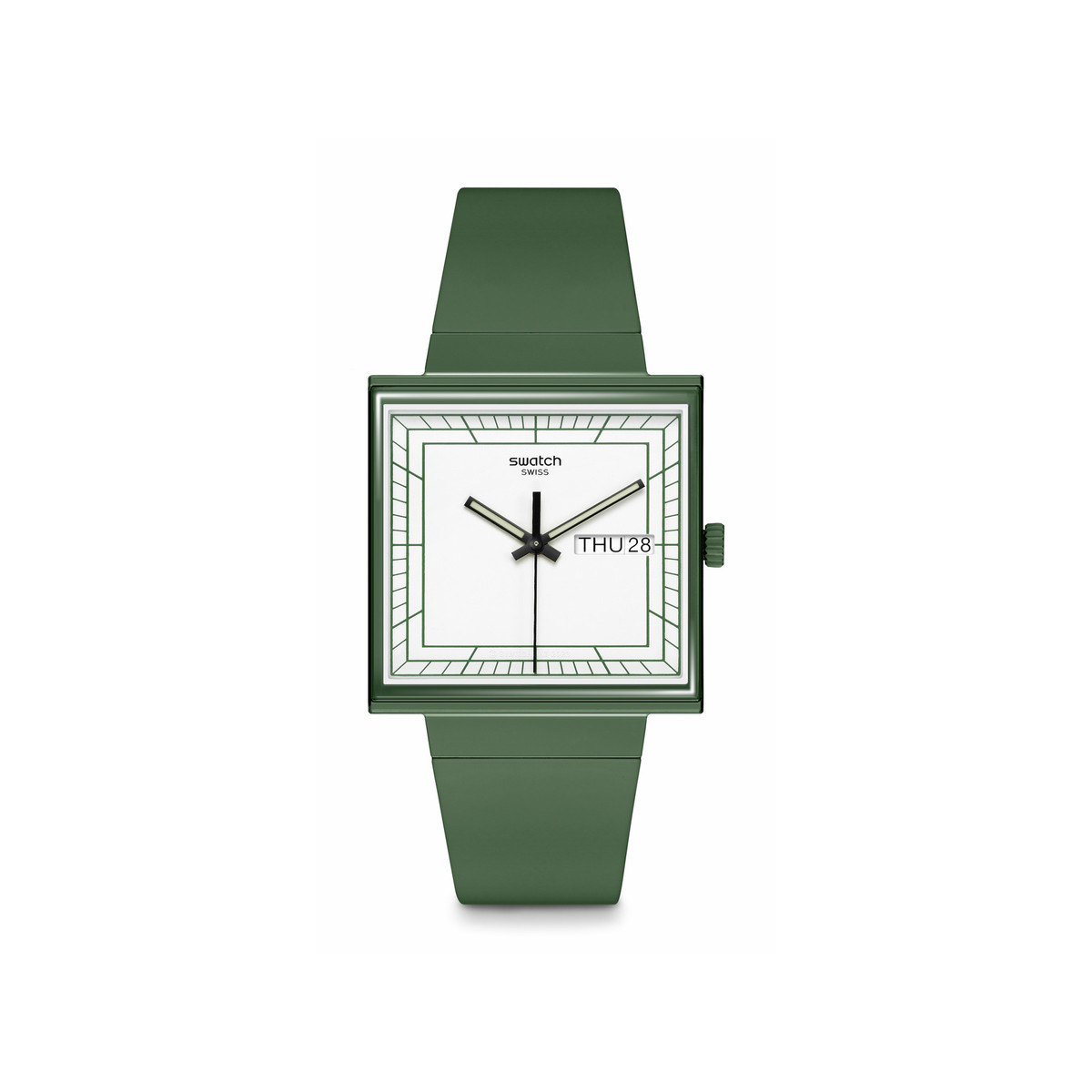 Montre SWATCH Square bioceramic What if green? homme bracelet matériau biosourcé vert
