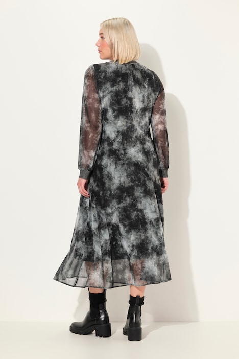 Smok-Midikleid, Batikmuster, V-Ausschnitt, Langarm