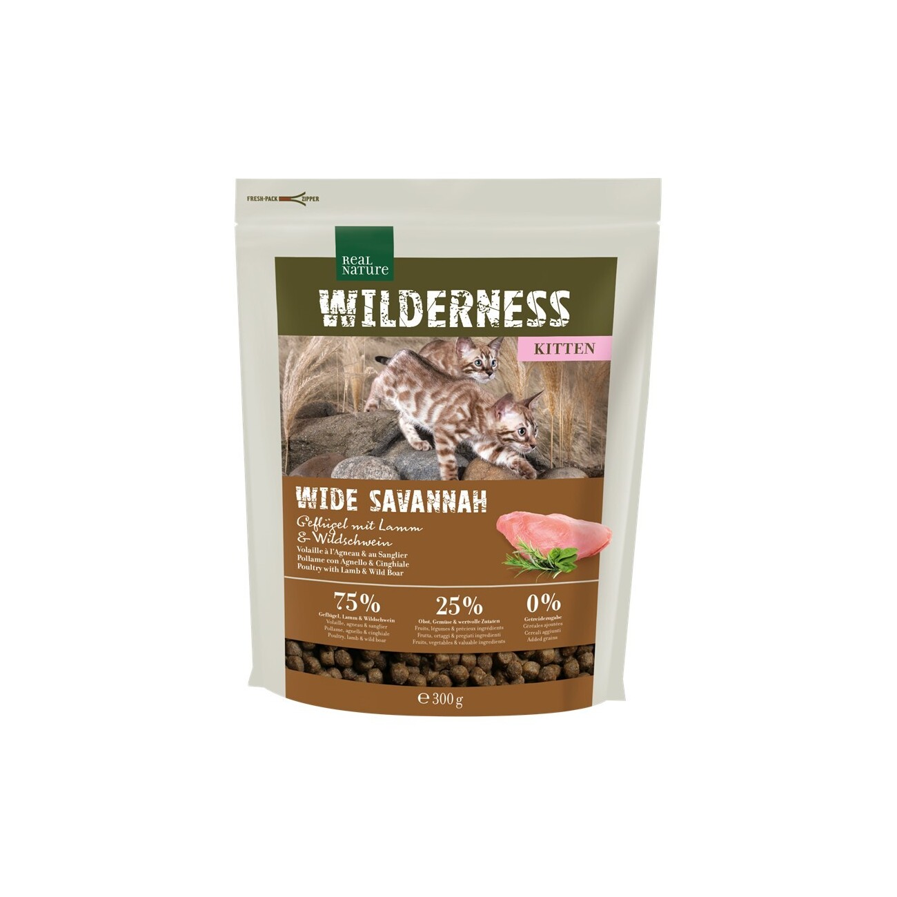 REAL NATURE WILDERNESS Trockenfutter Katze, Kitten, Wide Savannah, Geflügel, Lamm & Wildschwein 300 g