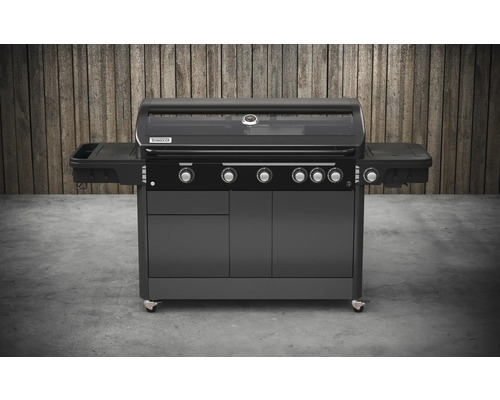 Tenneker® Halo TG-5 U Gasgrill 204,6 x 65,6 x 117 cm 5-pits + zijbrander en achterbrander, gietijzeren rooster, platformsysteem, glazen inzetstuk in het deksel