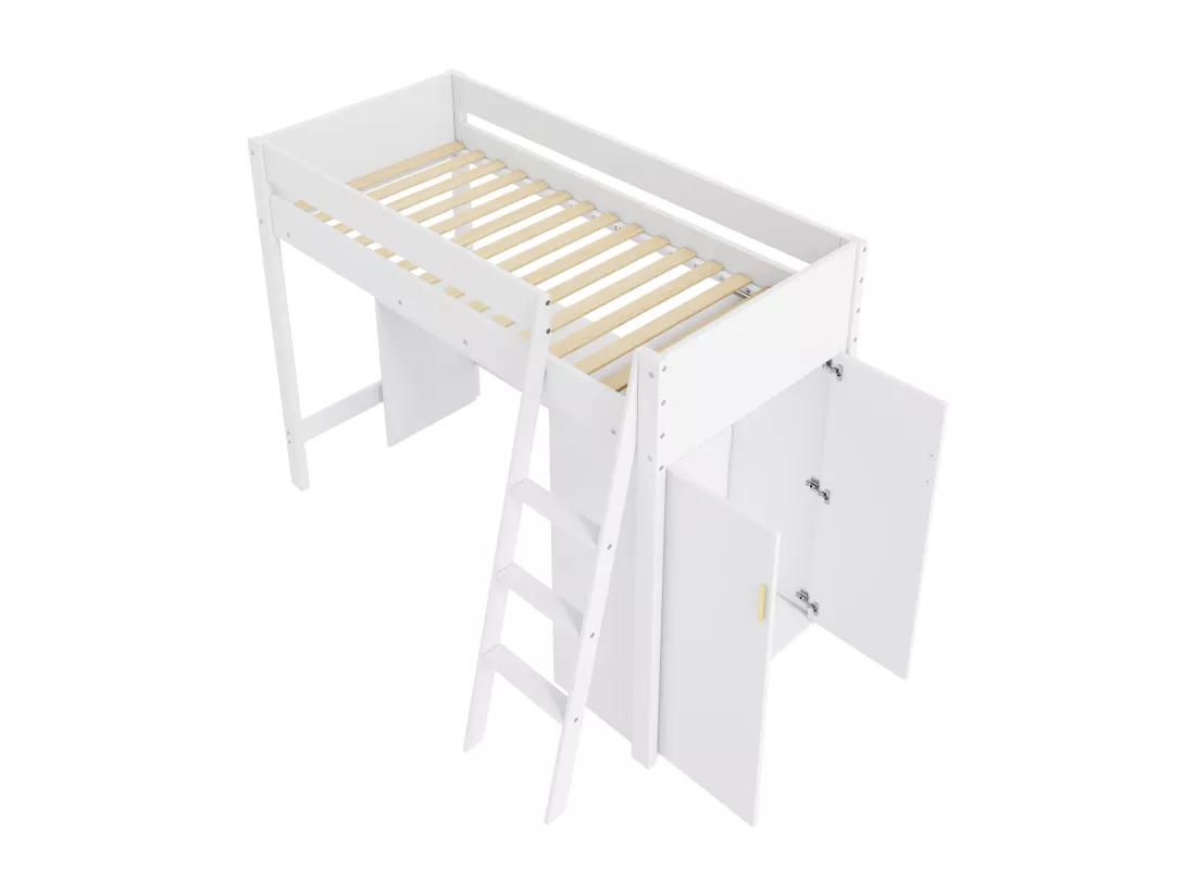 Lit mezzanine 90x200cm en bois - avec bureau et armoire modulable - Blanc