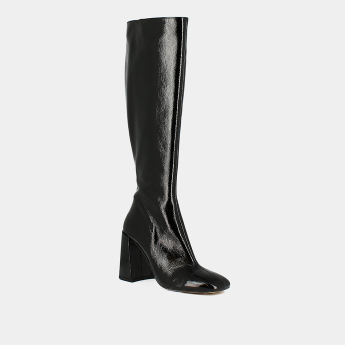 Bottes hautes à bouts carrés  en vernis plissé noir